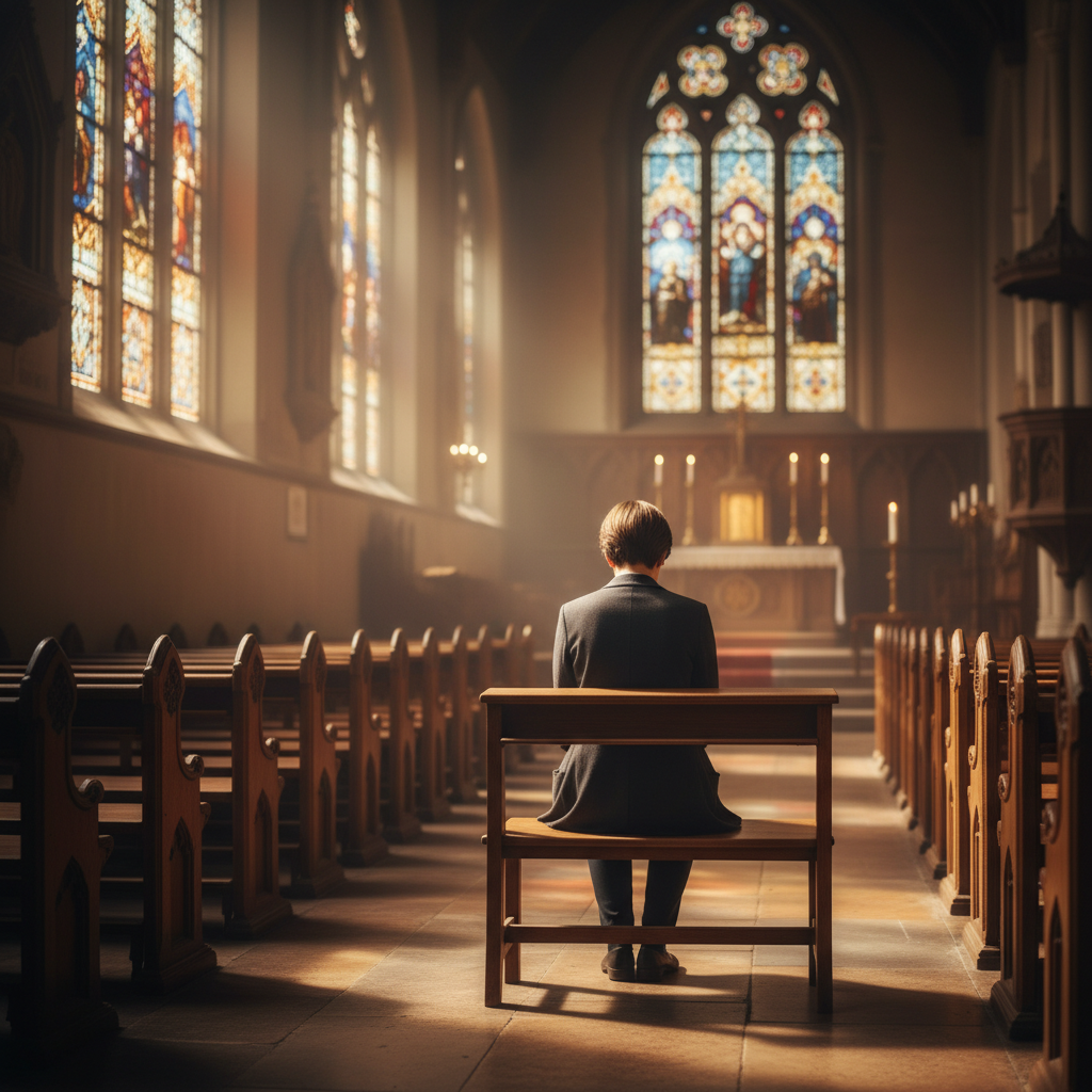 Empty church pew bathed in soft light