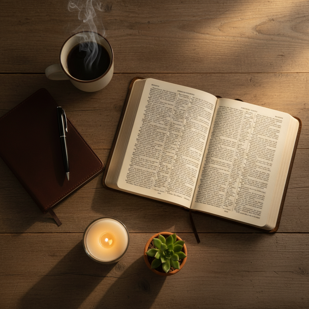 Bible open on a table in soft morning light